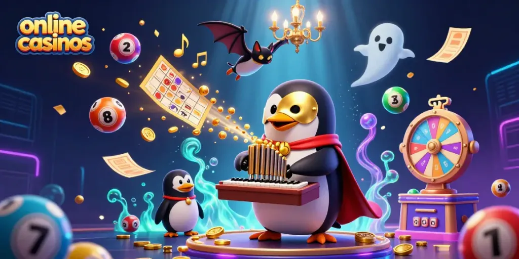 Experience dynamic online casinos action with a penguin playing an organ shooting golden coins.