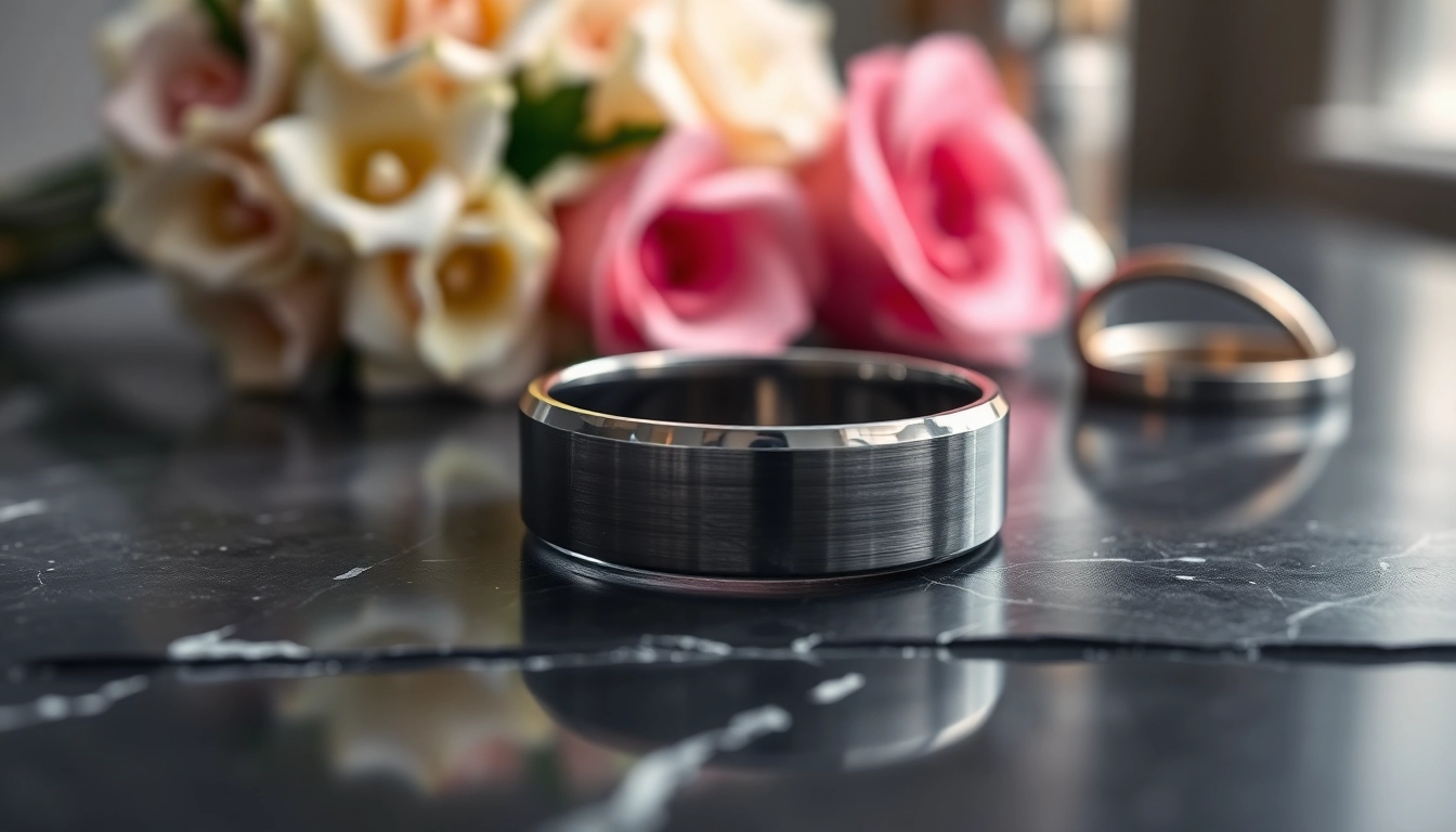 Showcasing Gunmetal Wedding Bands for Men with sleek metallic design on a dark marble surface.