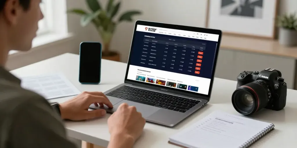 parsbet online bahis deneyimi, şık bir masada çalışan kişi, laptop ve finansal belgelerle