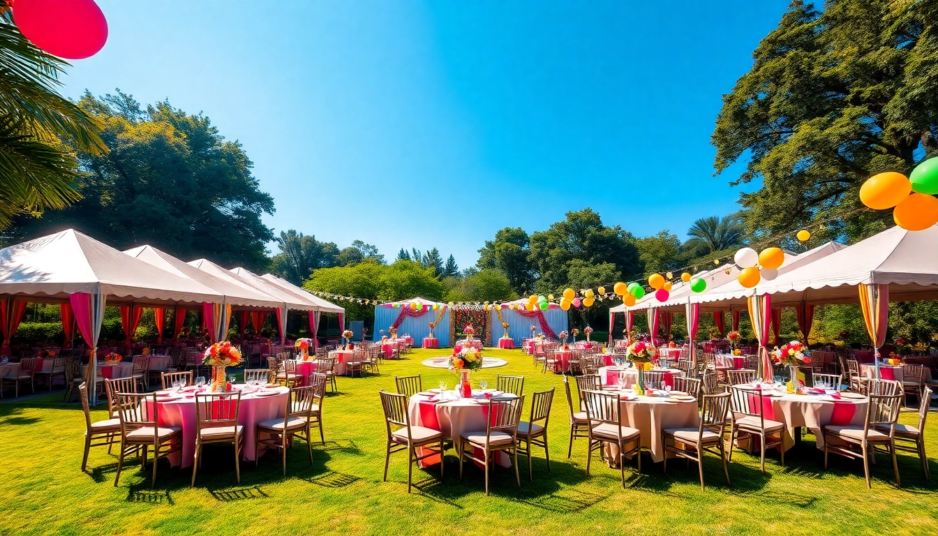 Engaging layout of Party Rentals in a garden setting, showcasing tents and tables for a festive event.