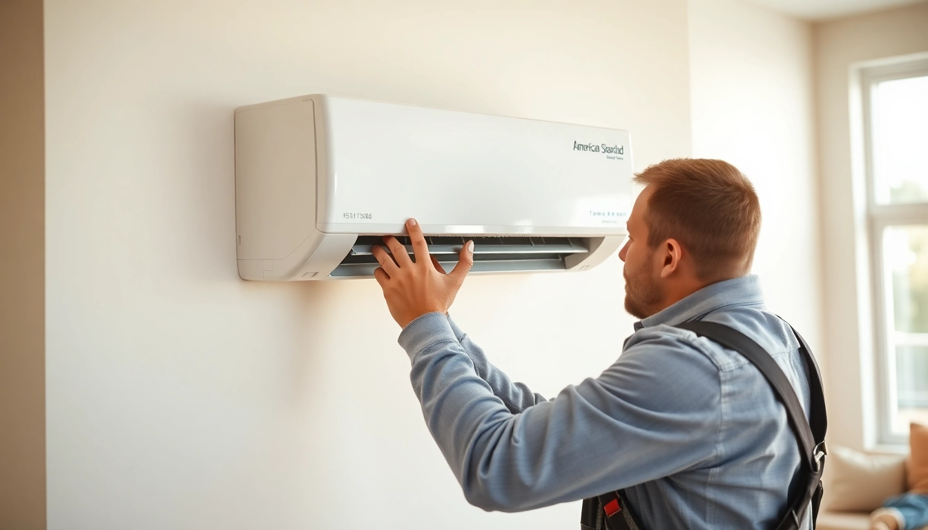 Technician installing an american standard air conditioner in a modern living room.