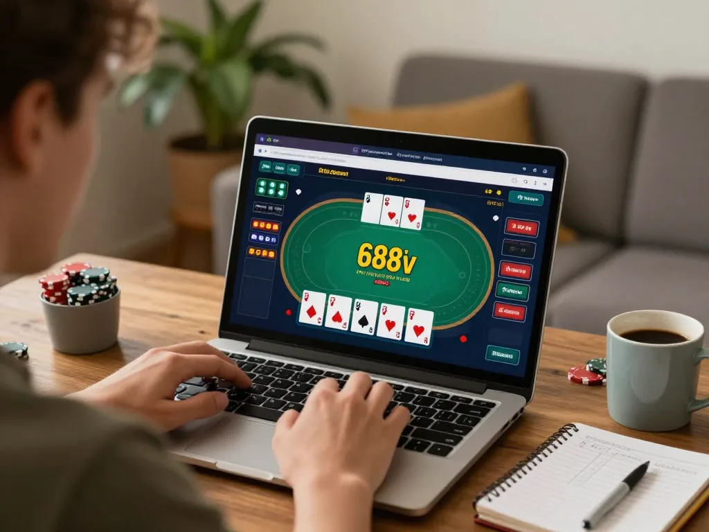 Engaged player enjoying poker on 688v's online platform in a cozy home setting.