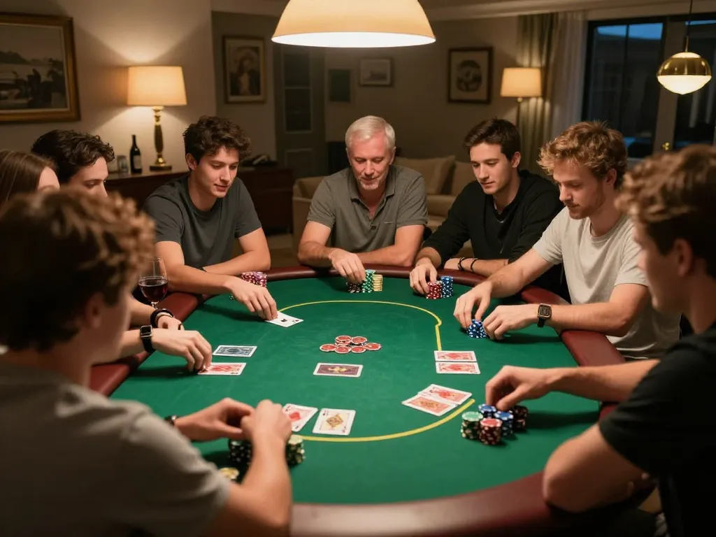 Engagierte Spieler meistern Strategien in einem privaten Pokerspiel; Immobilienmakler Frankfurt Sachsenhausen hebt den lokalen Charme hervor.