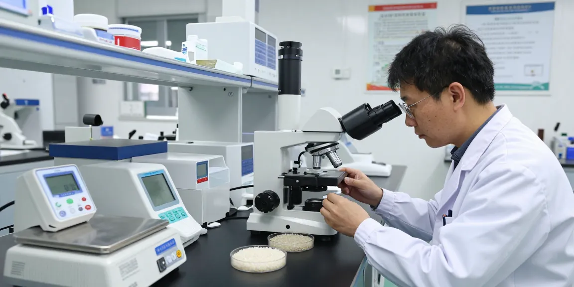 Technician performs a rice purity test analyzing grain integrity in a lab setting.