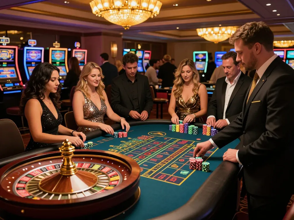 Experience the thrill of 77WIN at a lively roulette table with players engaged in action.