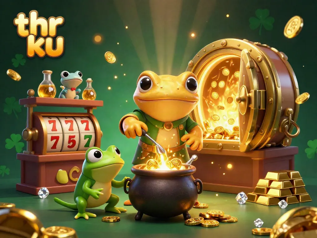 Thr ku showcases a magical scene with a golden salamander alchemist transmuting gold coins amidst rich treasures and gaming elements.