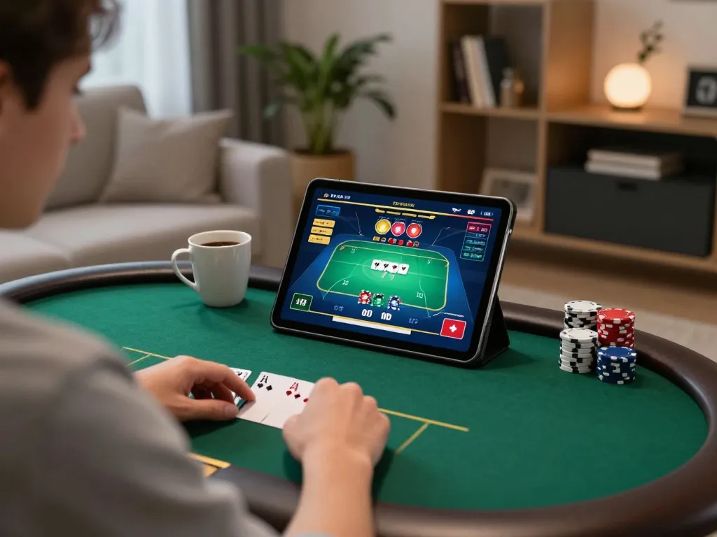 Engaged player enjoying poker on a tablet, showcasing strategy and gameplay with 789-themed elements.
