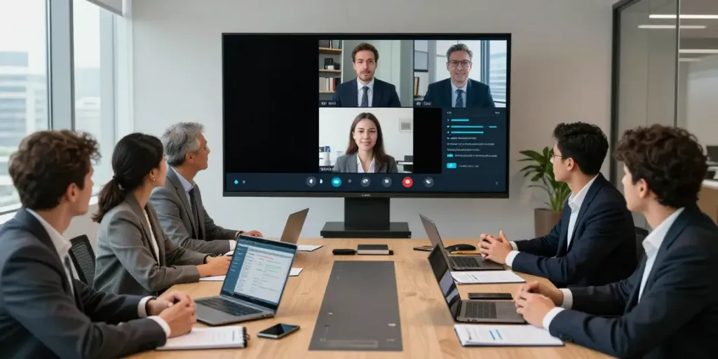 Deepfake-protected meetings in a corporate setting with professionals collaborating over video calls.