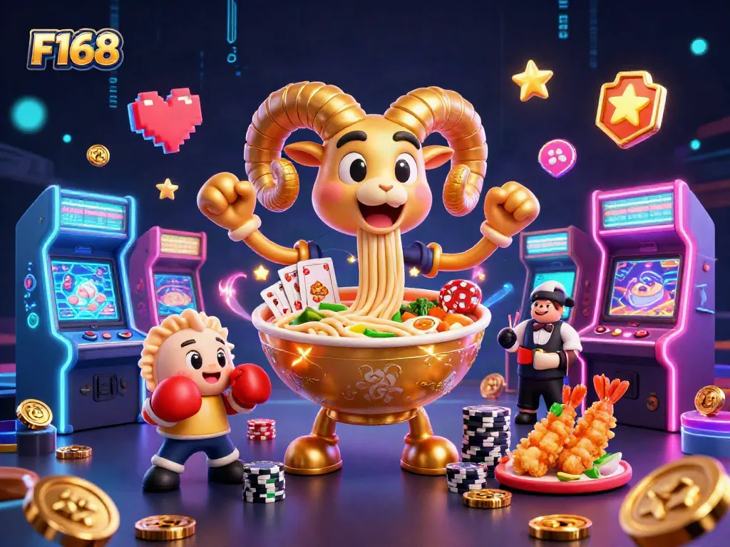 F168 brings excitement in this animated casino scene with vibrant digital game machines.