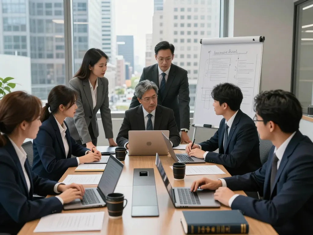 Meetings of legal professionals USA collaborating in a modern office.