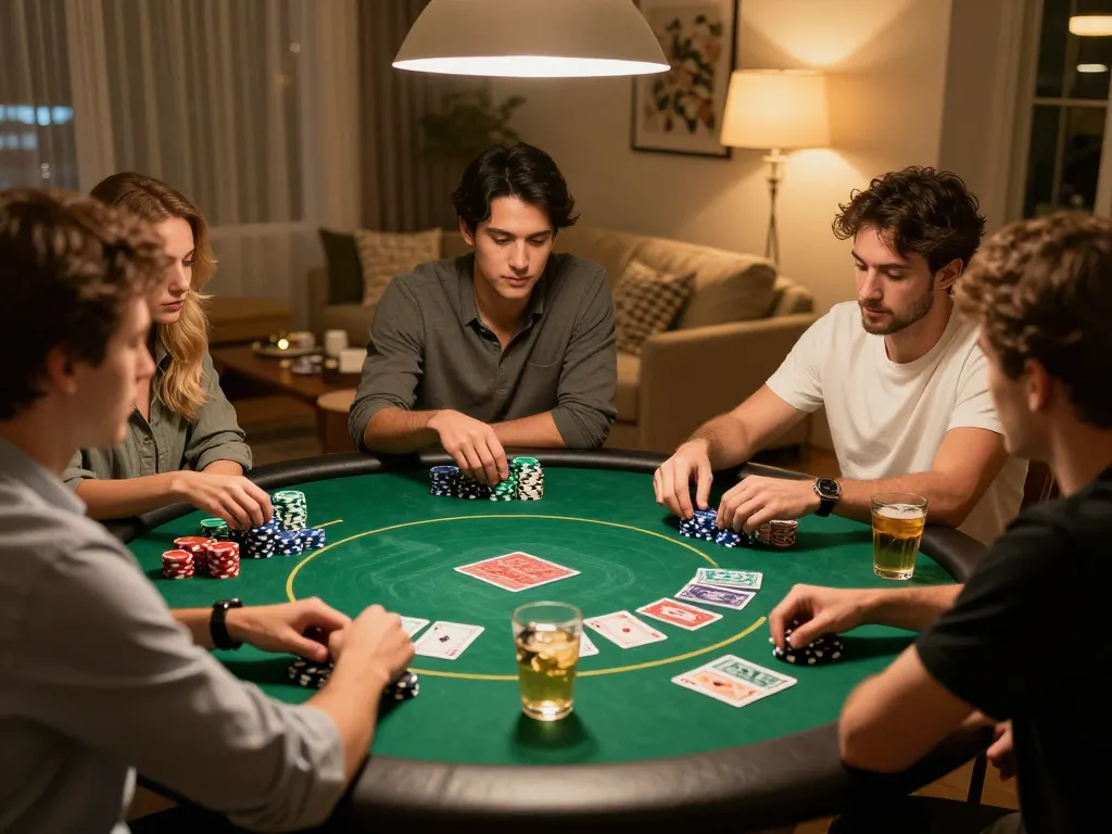 Pemain terlibat dalam strategi malam poker di rumah di paris888, dengan kartu dan chip terlihat di atas felt hijau.