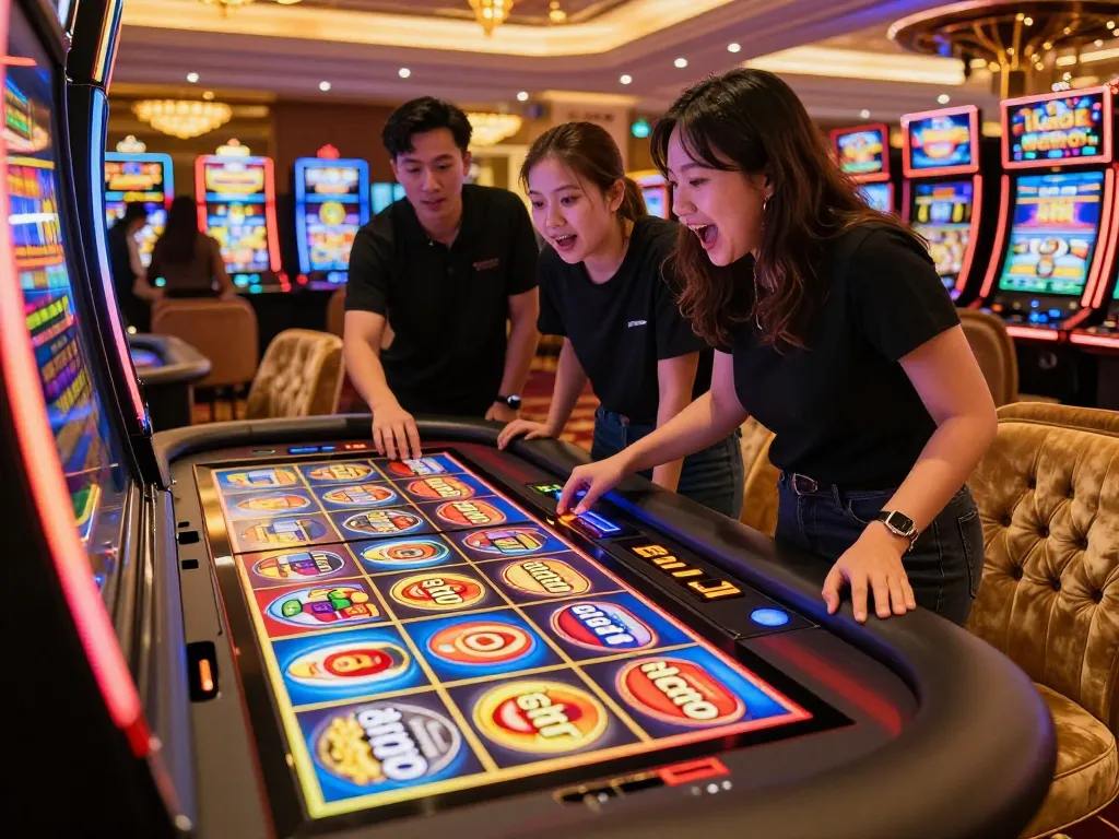 Players celebrating a big win on a slot gacor machine in luxurious casino setting.