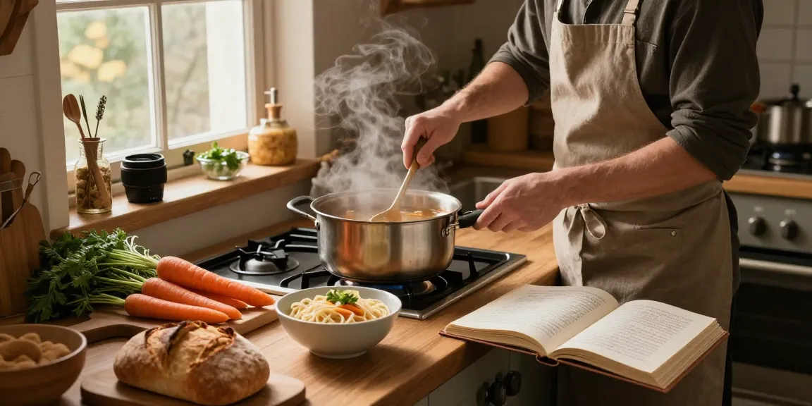 Aromatische Klare Suppe, die in einer gemütlichen Küche mit frischen Zutaten und warmem Licht zubereitet wird.