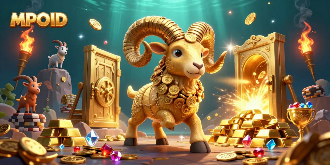 Experience the excitement of MPOID as the golden ram charges through treasures of jewels and coins in an engaging casino scene.