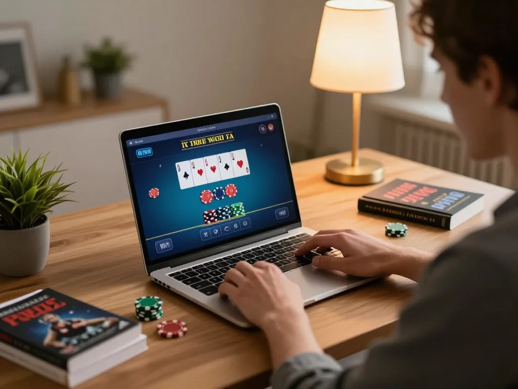 Engaged player enjoying poker on laptop while exploring tr88 online casino strategies