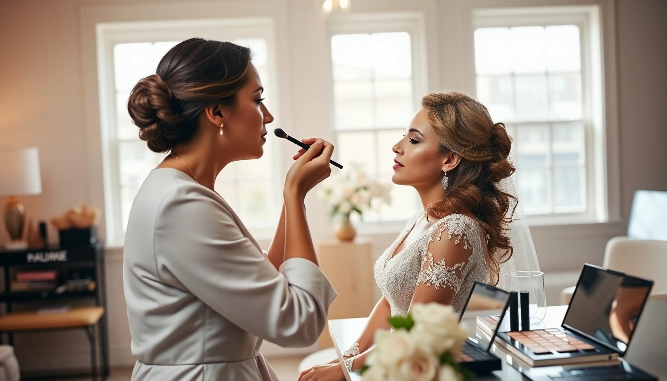 Skilled Philadelphia makeup artist applying makeup for a bride in a beautiful studio.