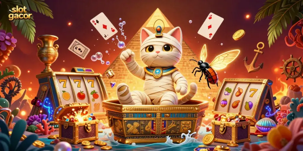 Experience the thrill of slot gacor jackpots with a vibrant illustration of a mummy cat, treasure, and glowing casino elements.