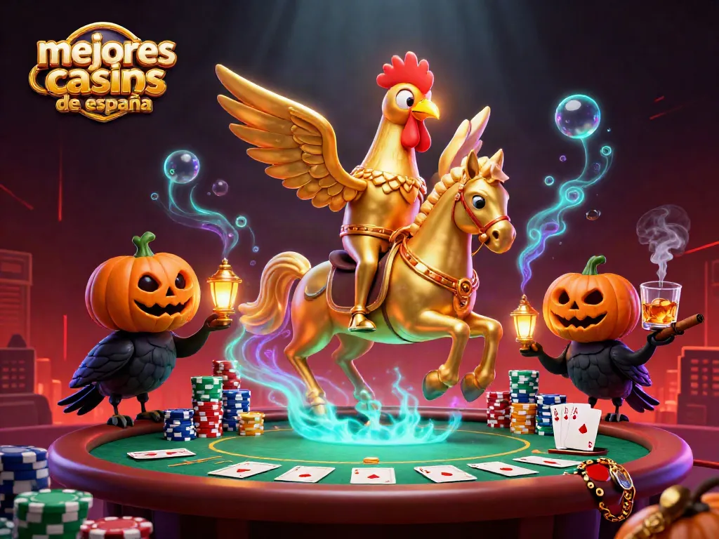 Visualiza los mejores casinos online de España con un gallo dorado antiguo, cartas y fichas de póker.