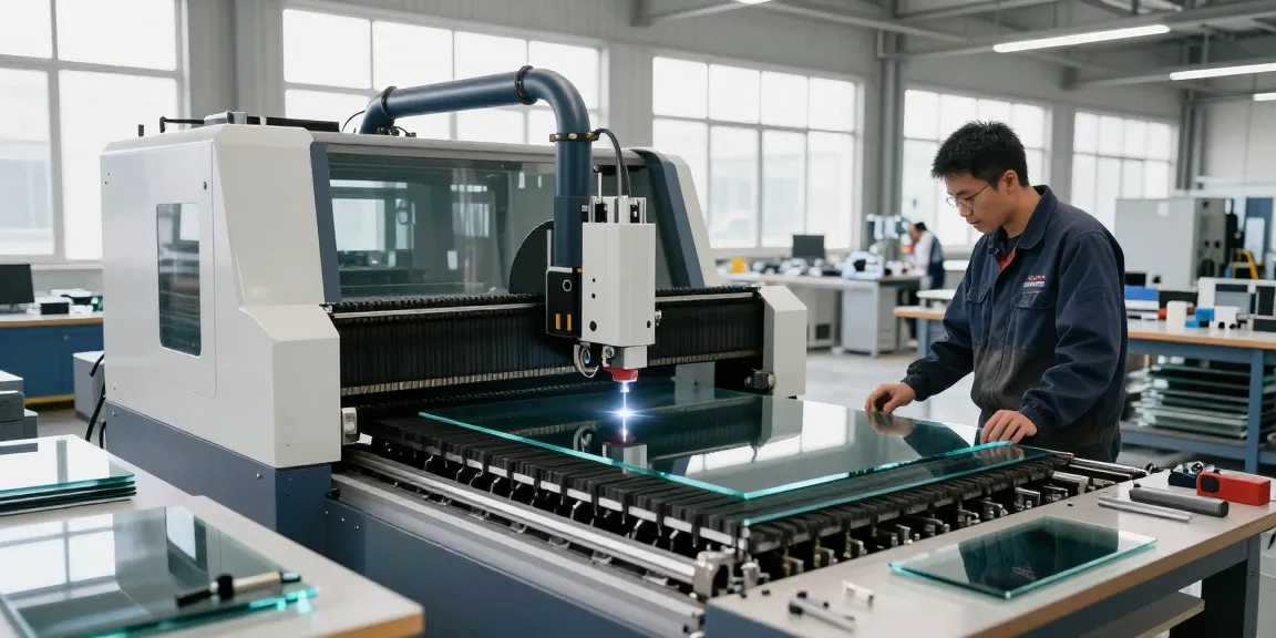 CNC glass cutting machine in operation with technician monitoring precision cuts in industrial workshop.