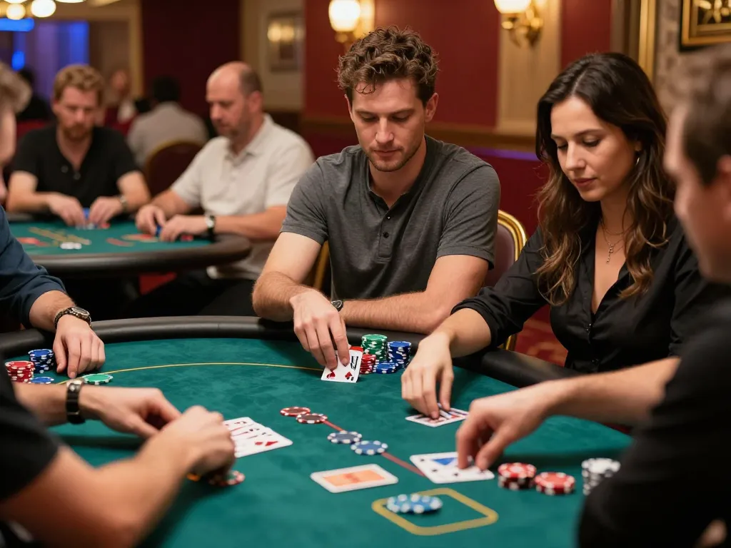 Players at manclub poker table placing bets and celebrating wins in a vibrant casino atmosphere.