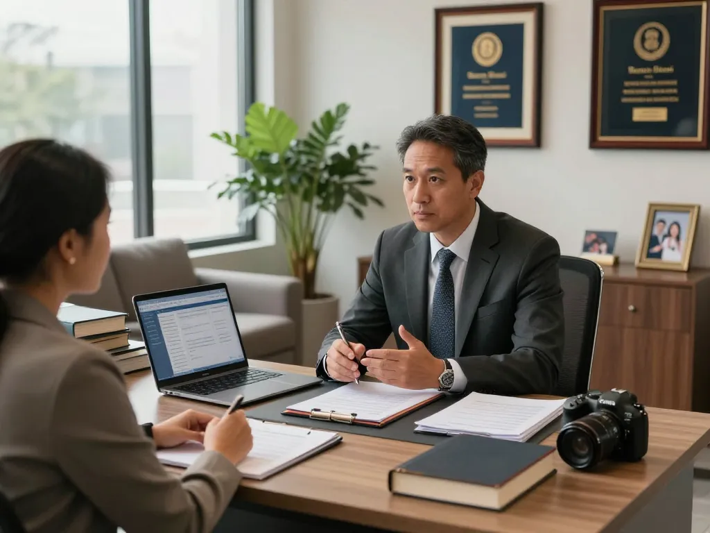 USA lawyers consulting a diverse client in a modern office setting.