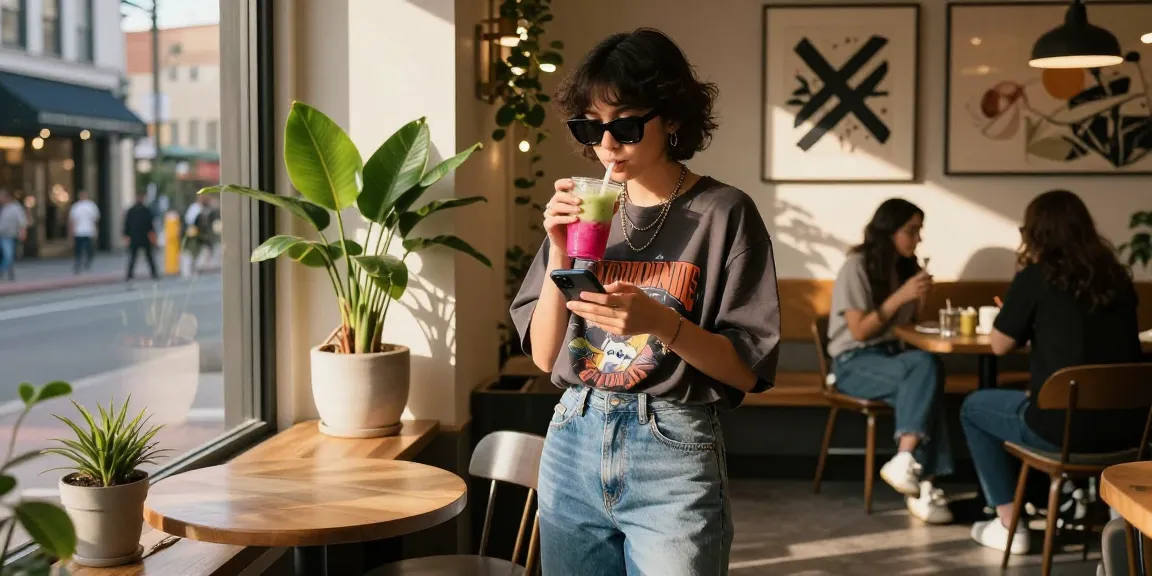 Fashionable individual enjoying a smoothie in a vibrant café, embodies rokok88 streetwear lifestyle.