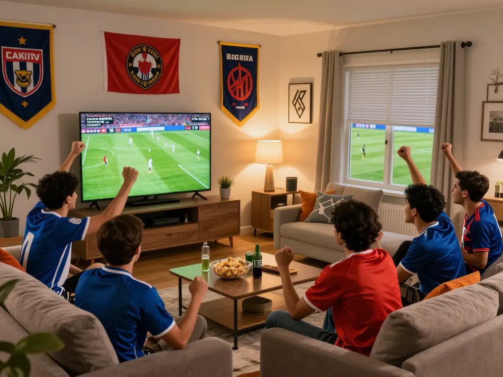 Fans enjoying a match on Cakhia tv in a lively living room filled with excitement.