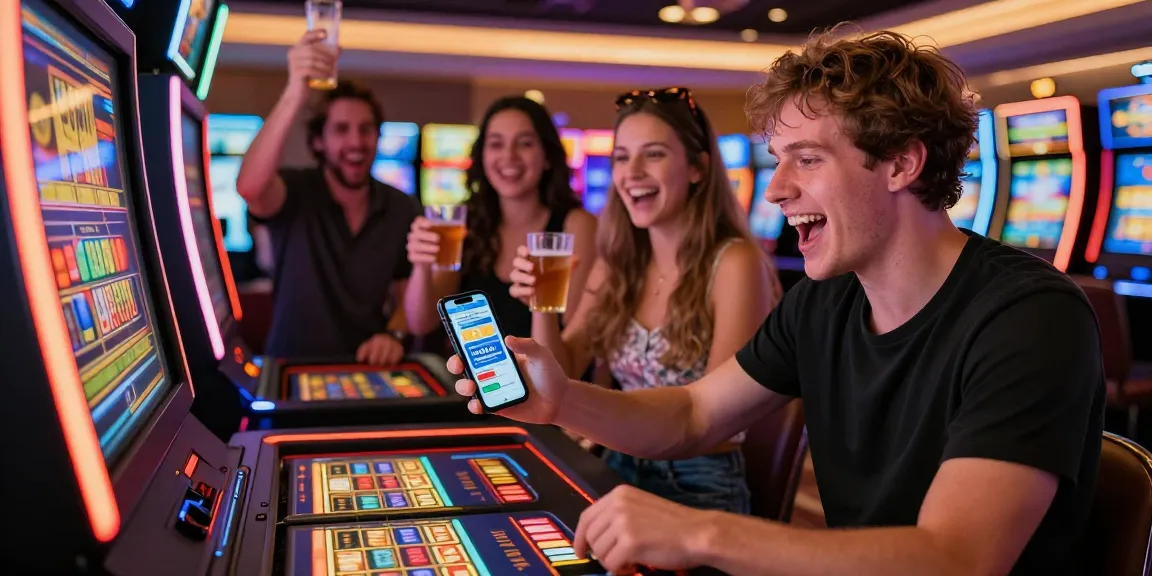 Excited friends enjoy a slot dana gaming experience at a vibrant casino.