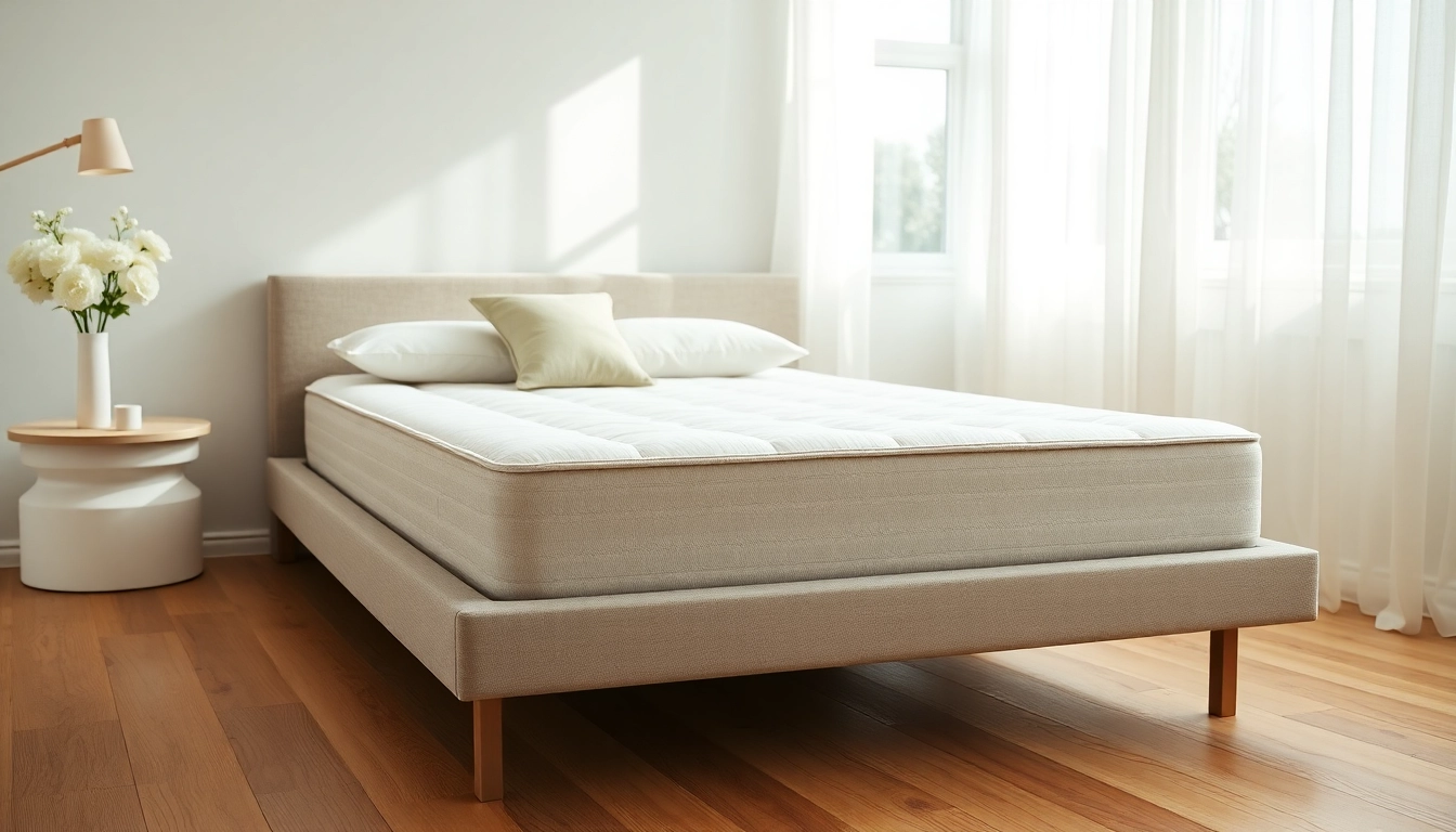 Visualize a low profile mattress box spring elegantly placed in a serene bedroom environment.