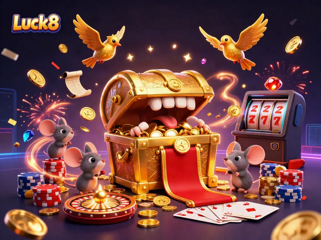 Luck8 features a vibrant and dynamic 3D illustration showcasing an adventurous scene with a treasure chest and gaming elements.