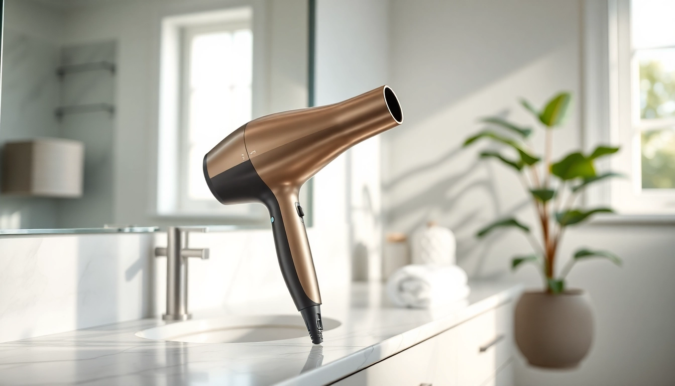 Revitalizing frizzy hair dryer showcased with modern design and plush bathroom decor.