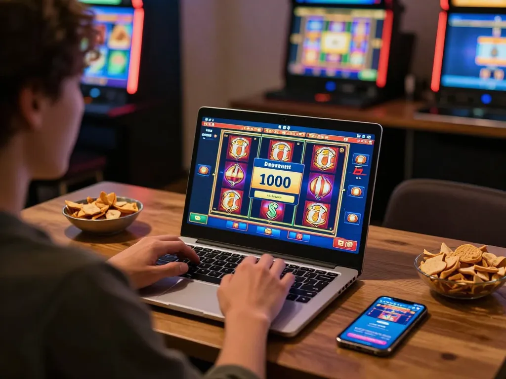 Engaging with slot deposit 1000 on a laptop during an online gaming session in a cozy setting.