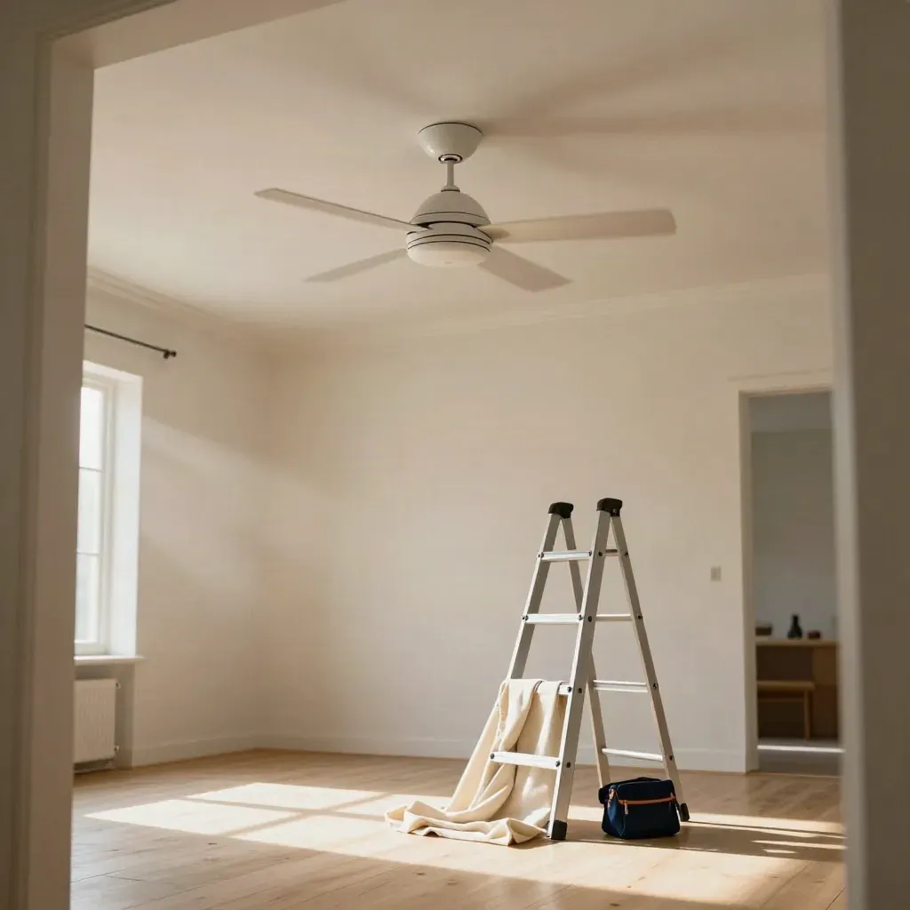 Matte-white ceiling fan turning in a pale plaster living room with ladder and wrapped blades below.