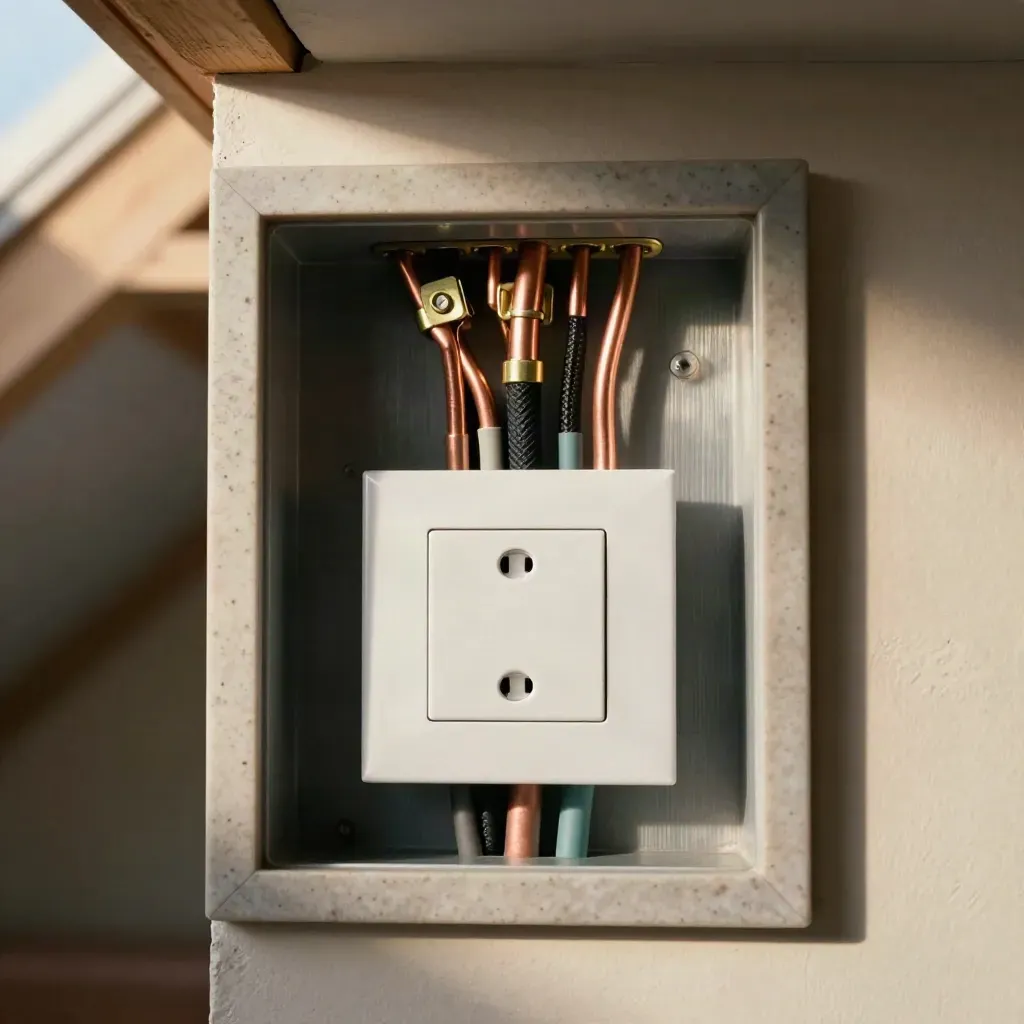 Open junction box with tidy copper wiring beside a wall switch in a utility nook.
