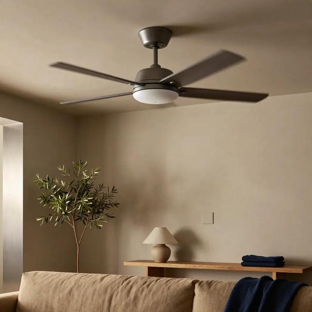 Smart ceiling fan above a modern condo sofa with wall control and discreet hub