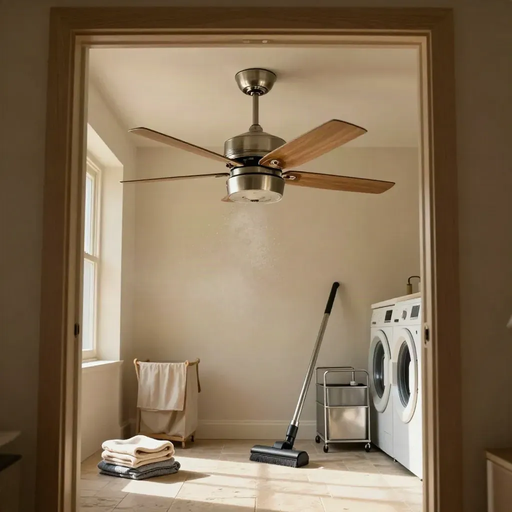Freshly cleaned ceiling fan in a sunlit laundry room with cleaning tools below.