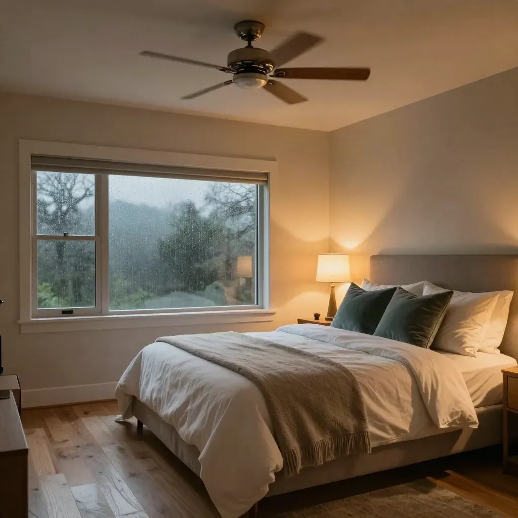 Quiet repaired ceiling fan above a crisp bed with a closed dusk window.