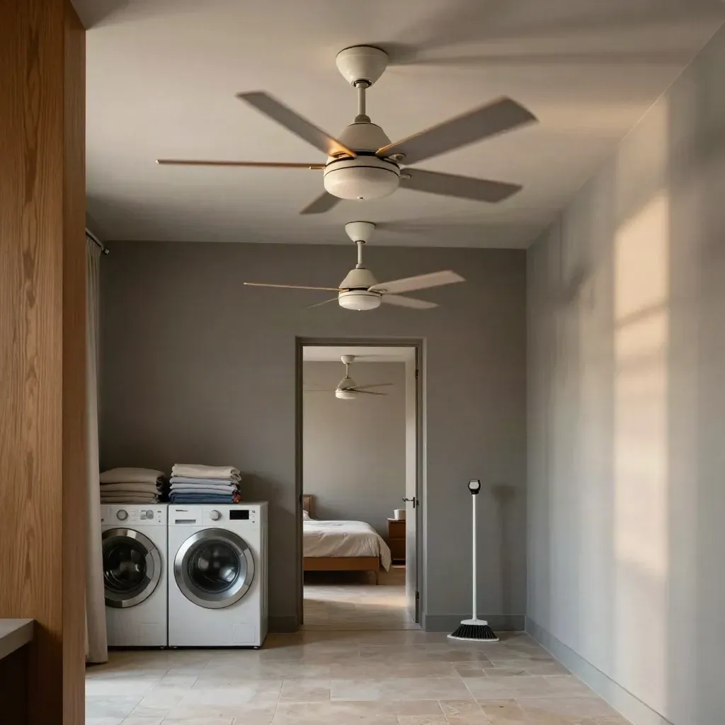 Three balanced ceiling fans ready across a hallway, laundry nook, and bedroom in a finished rental.