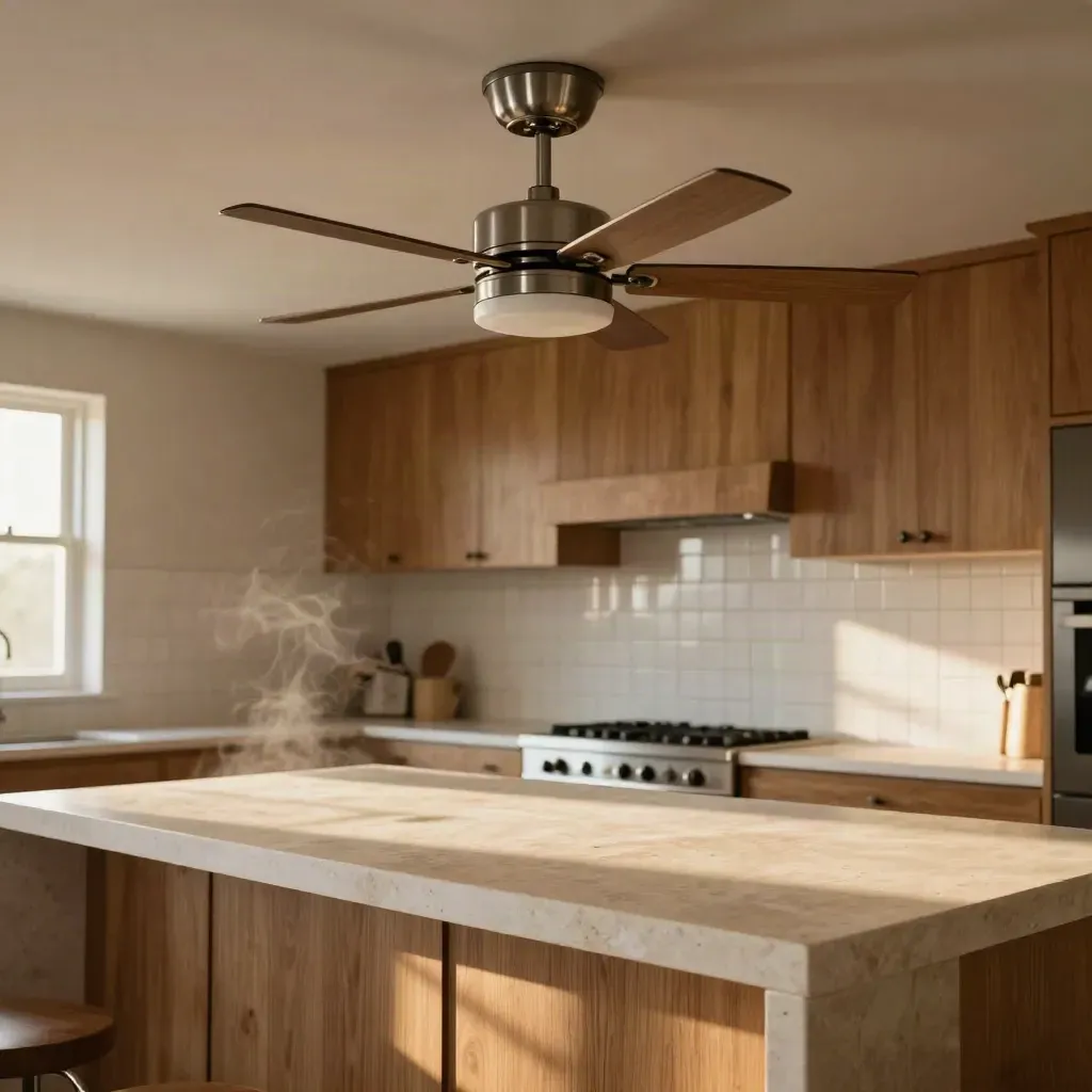 Dusk kitchen with a new ceiling fan over the island and an old fan box blurred behind.