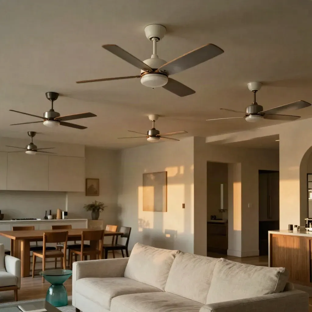 Five ceiling fans running quietly in a dramatic open-plan home interior