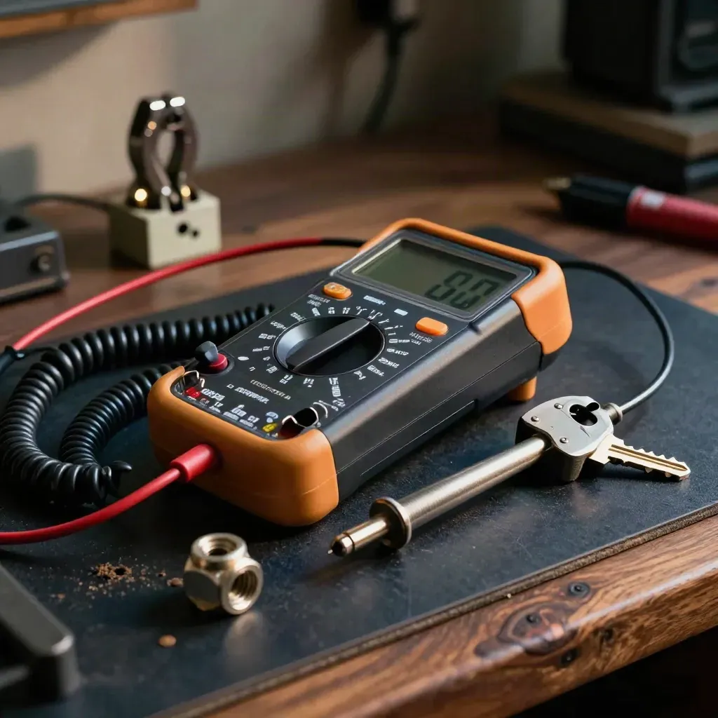 Multimeter, wire nuts, and ceiling box clamp on a dark repair bench in dramatic light.