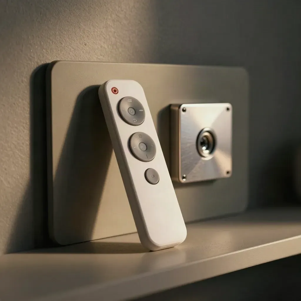 Smart fan remote, wall plate, and receiver module in a moody macro still life.
