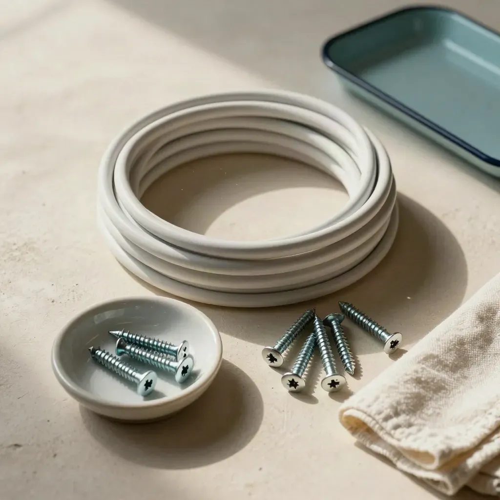 Overhead still life of cable, screws, and ceramic parts dish on a pale work surface.