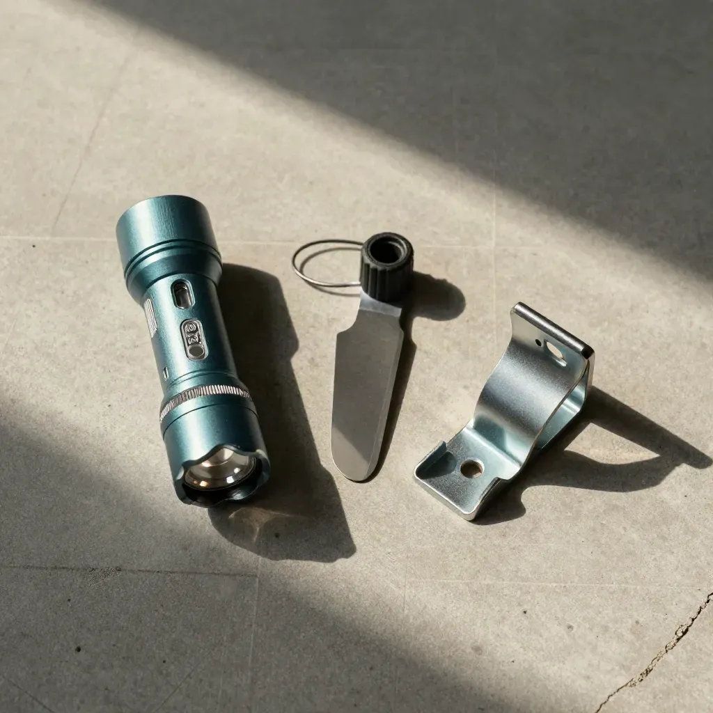 Overhead fan inspection tools on pale concrete with soft side light.