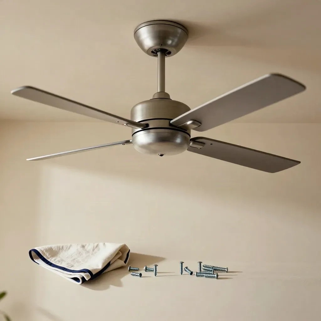 Ceiling fan canopy, downrod, screws, and folded drop cloth staged on a pale plaster surface