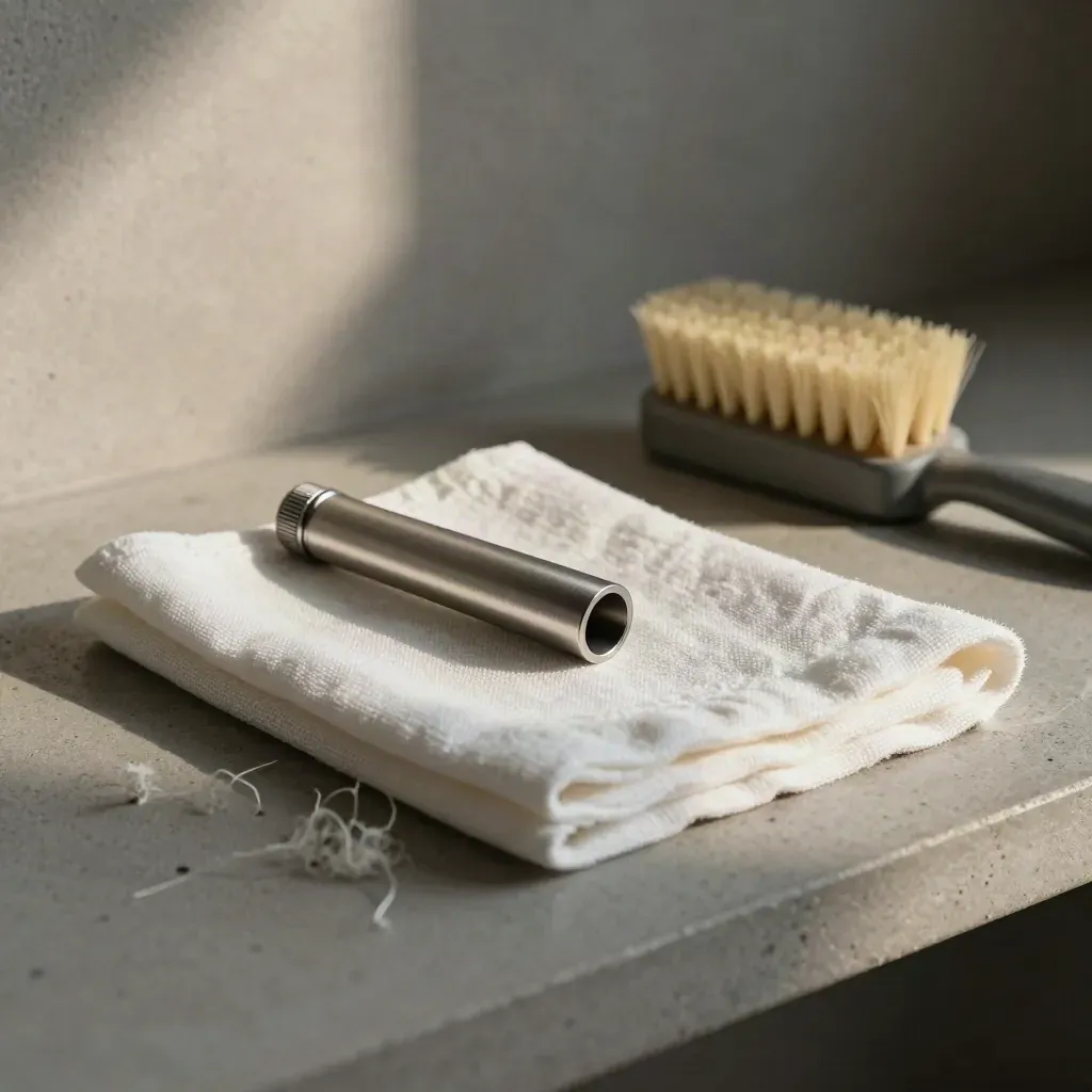 Vacuum nozzle, microfiber cloth, and soft brush on a stone shelf in soft side light.