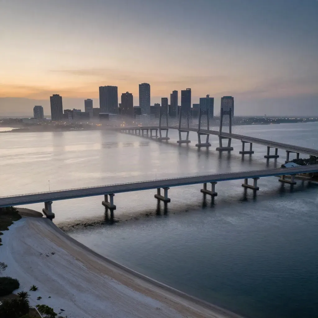 Tampa Bay skyline and bridge at blue hour over calm hazy water.