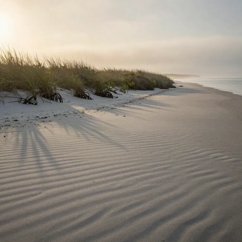 Sarasota coast at dawn with pale sand, mangroves, haze, and calm water.