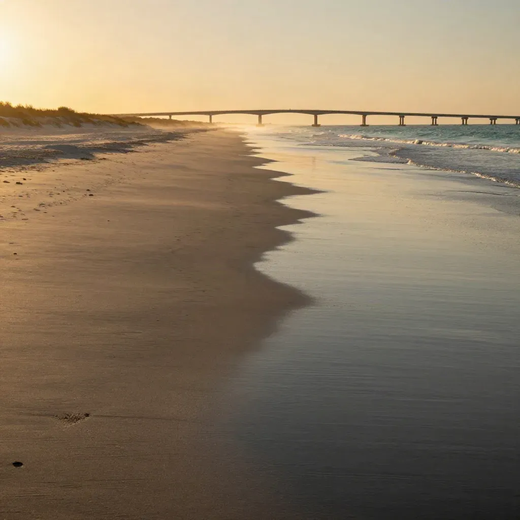 Pinellas Coast sunset with bridge silhouette, pale surf, and open sandy shoreline