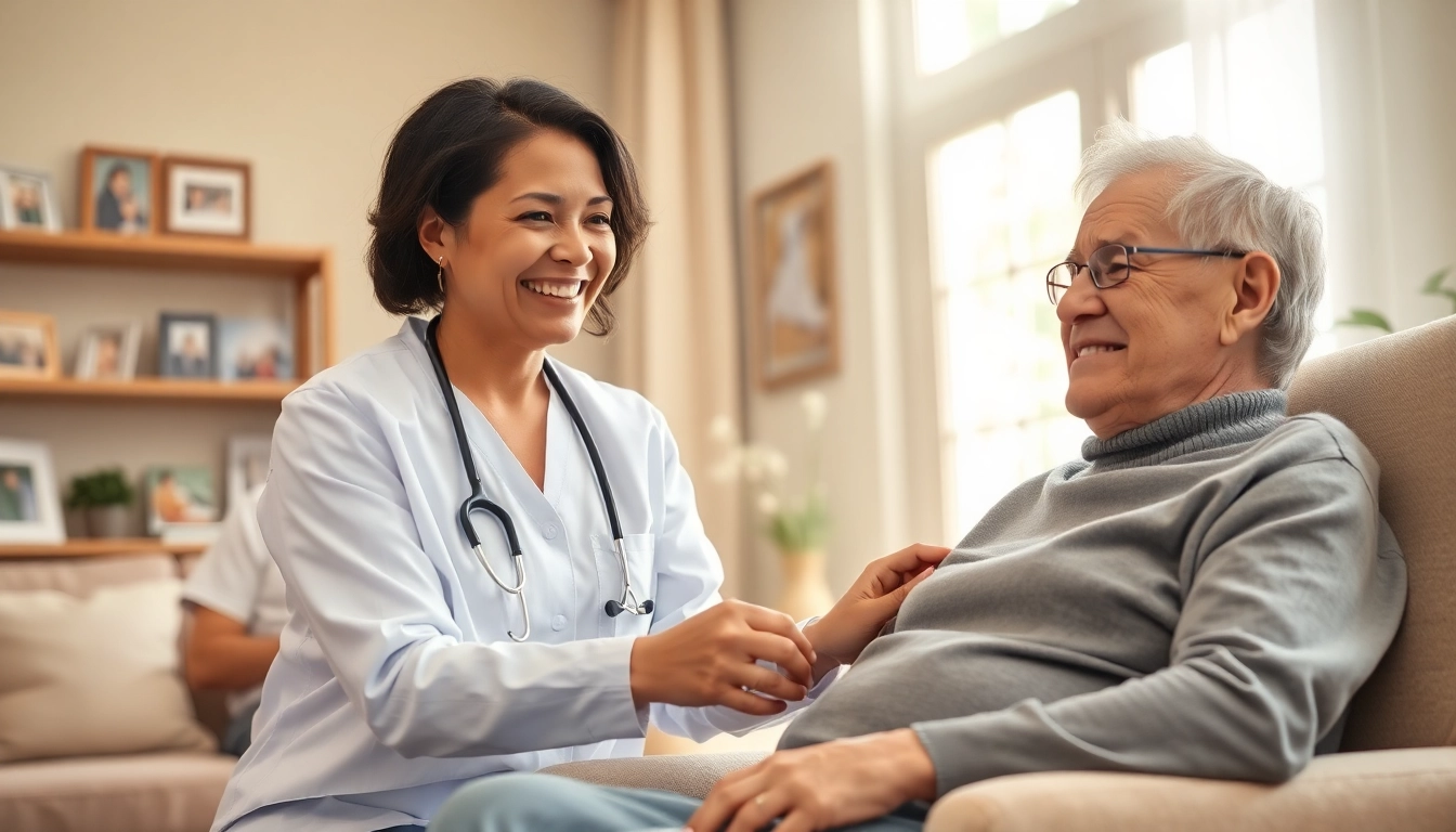 Caring interaction in home respite care showing a caregiver and an elderly individual in a warm environment.